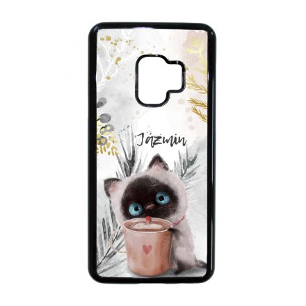 Kávézós cicus - Téli mintás Samsung Galaxy S9 tok